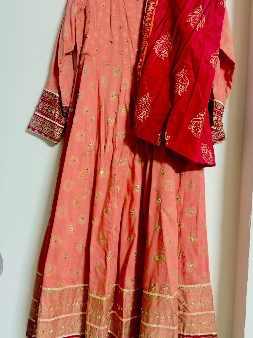 Girls' Coral Pink Embroidered Anarkali Dress with Red Dupatta